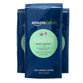 Amazon Fresh Sumatra organic fair trade dark roast whole beans with bold aroma.