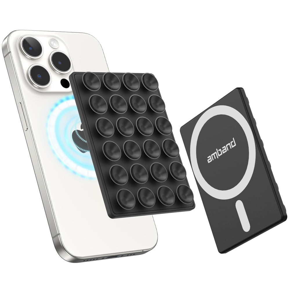 amBand magnetic sticky phone suction grip setup shows secure attachment on flat surfaces.