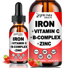 AMENQ hHEALTH liquid iron bottle shows strawberry flavor and easy daily dosing.