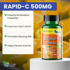 America Medic Rapid-C 500mg bottle front highlights vegan vitamin C.