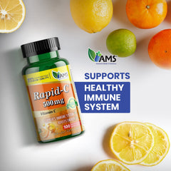 America Medic Rapid-C 500mg bottle side shows dosage for daily use.