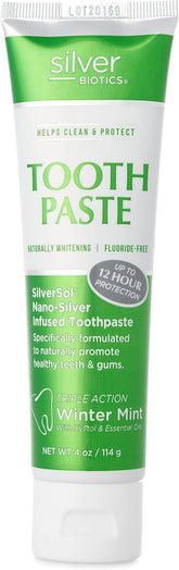 American Biotech Labs Silver Biotics toothpaste packaging, fluoride-free daily care option.