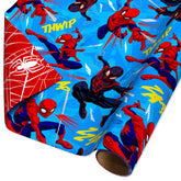 American Greetings Spiderman wrapping paper with blue action scenes for dynamic gift wrap.