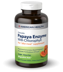 American Health papaya enzyme pack shot emphasizes 600-count value for daily use.