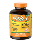 American Health Ester-C bottle closeup highlighting non-acidic vitamin C formula.