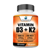 American Standard Vitamin D3 + K2 bottle with 120 capsules for daily use.