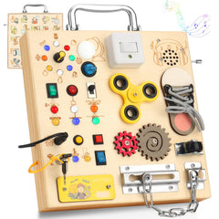 AMGAMGTS wooden busy board with LED lights for tactile travel learning
