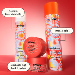 Amika Headstrong spray mist demonstrates fast-drying hold for long-lasting styles.