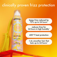Amika The Shield spray in action protecting hair from humidity during styling.