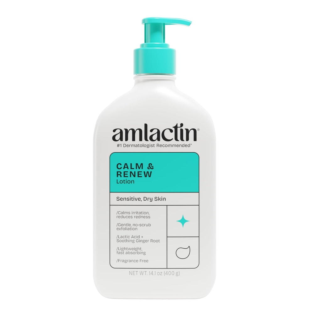 AmLactin Calm & Renew lotion bottle on a bathroom shelf for gentle daily hydration.