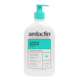 AmLactin Calm & Renew lotion bottle on a bathroom shelf for gentle daily hydration.