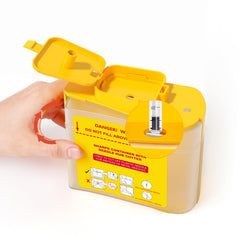 Amonior Needle Hub Cutter front view showing compact sharps container for home use.