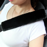 Amooca soft faux fur seatbelt cover, 10-5inch, front view adds comfort on long drives.