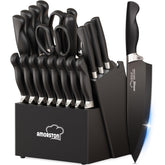 Amorston 21-piece knife set in block with built-in sharpener for quick edge refresh.