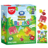 AMOS 4D vegan gummy blocks in assorted flavors for playtime and bite-sized snacks.