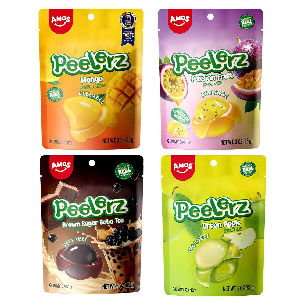 AMOS Peelerz mango peelable gummy, bright and juicy for interactive snacking.