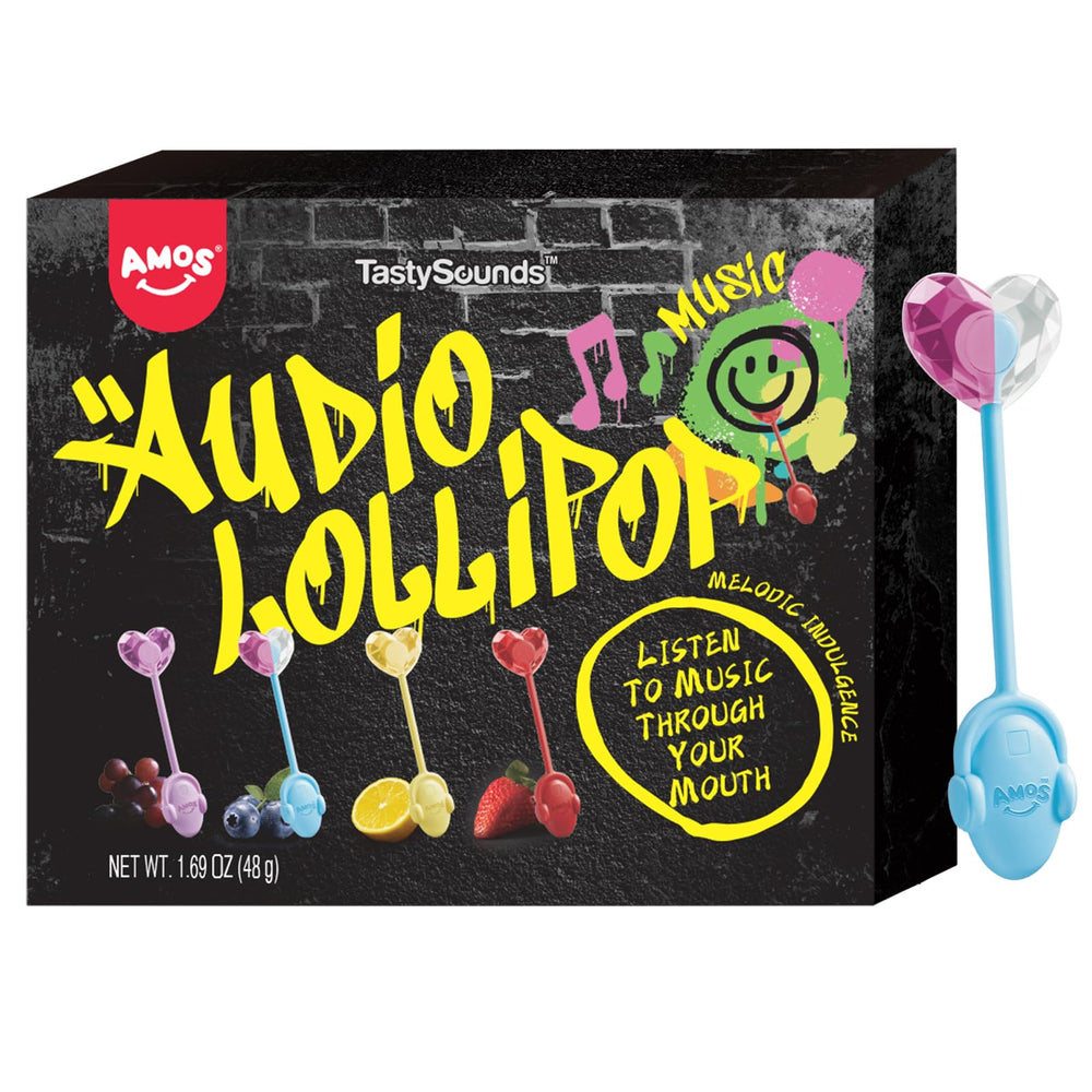 Amos TastySounds hiphop lollipop front box, gift-ready candy with music vibes.