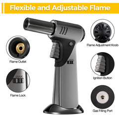 Amrnish torch with built-in safety lock for safer idle storage.