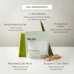 Close-up of Amy Myers MD Leaky Gut Revive bottle highlighting botanicals and clean formulation.