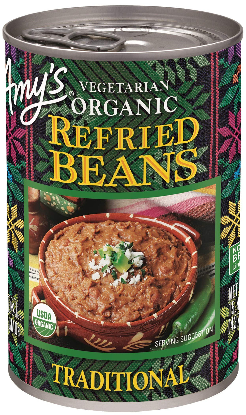 Amy's Organic Refried Beans can front view, ready for quick meals.