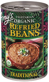 Amy's Organic Refried Beans can front view, ready for quick meals.