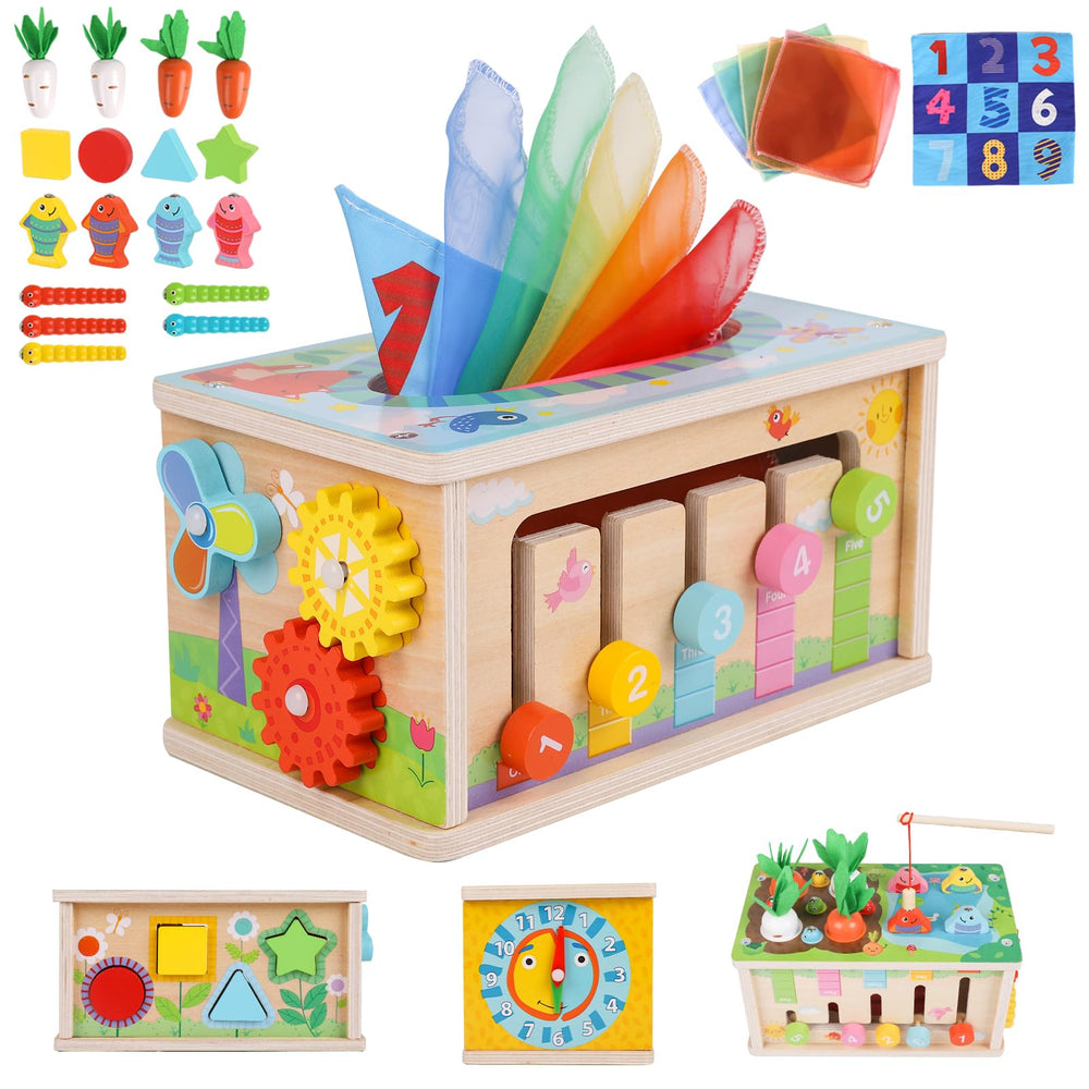 Ancaixin 6-in-1 Montessori tissue box toy, wooden cube promotes early fine motor play.