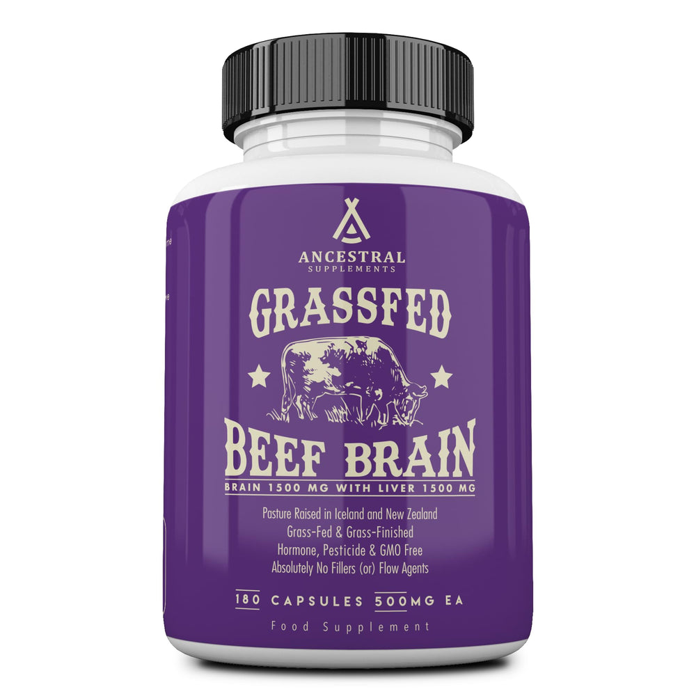 Ancestral Supplements beef brain bottle pour for daily brain support.