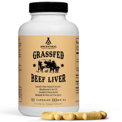Ancestral Supplements grass-fed beef liver bottle with 180 capsules supports energy and overall wellness.