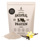 Ancestral Supplements grass-fed vanilla protein tub for daily shakes and meals.