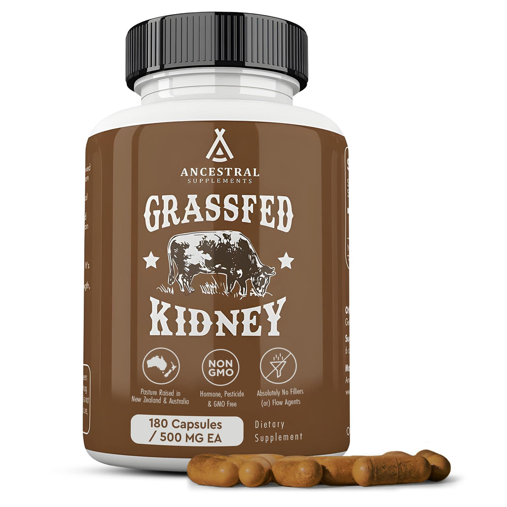 Ancestral Supplements kidney supplement bottle for daily urinary support.