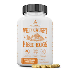 Ancestral Supplements Wild Caught Fish Eggs bottle pour delivers omega-3 rich whole-food nutrition.