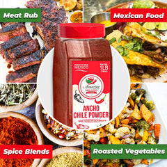 Amazing Chiles & Spices ancho powder jar closeup showing smooth texture ideal for mole pastes.
