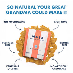 Ancient Crunch MASA chips non-GMO corn highlights natural ingredients.
