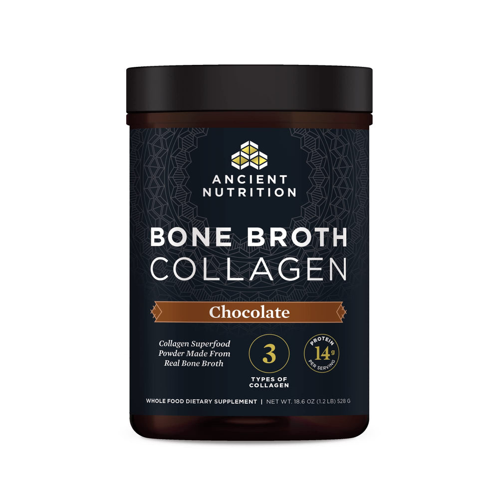 Ancient Nutrition bone broth collagen chocolate tub ready for daily shakes.