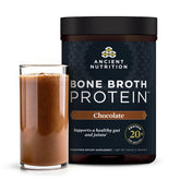 Ancient Nutrition bone broth protein powder chocolate tub front highlights protein-packed formula