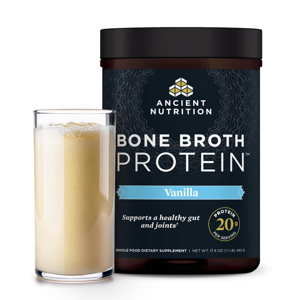 Ancient Nutrition vanilla bone broth protein powder jar for convenient daily protein boost.
