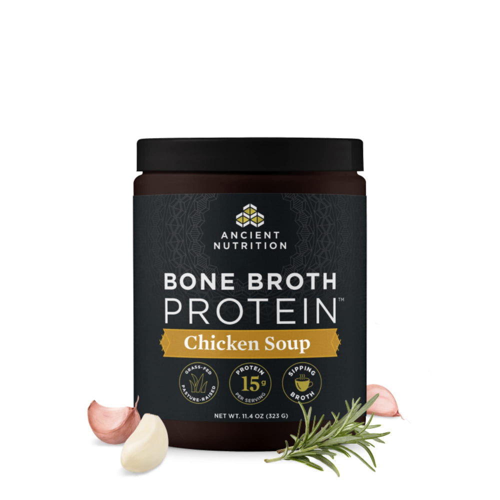 Ancient Nutrition bone broth protein powder tub ready for hot drinks.