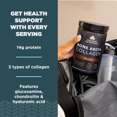Chocolate collagen shake prepared with Ancient Nutrition in a glass.
