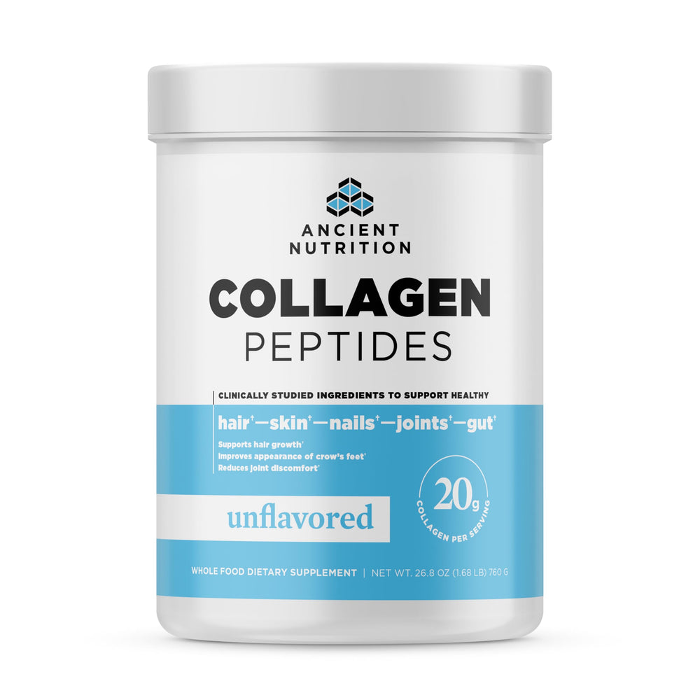 Ancient Nutrition Collagen Peptides bottle front for daily collagen support.