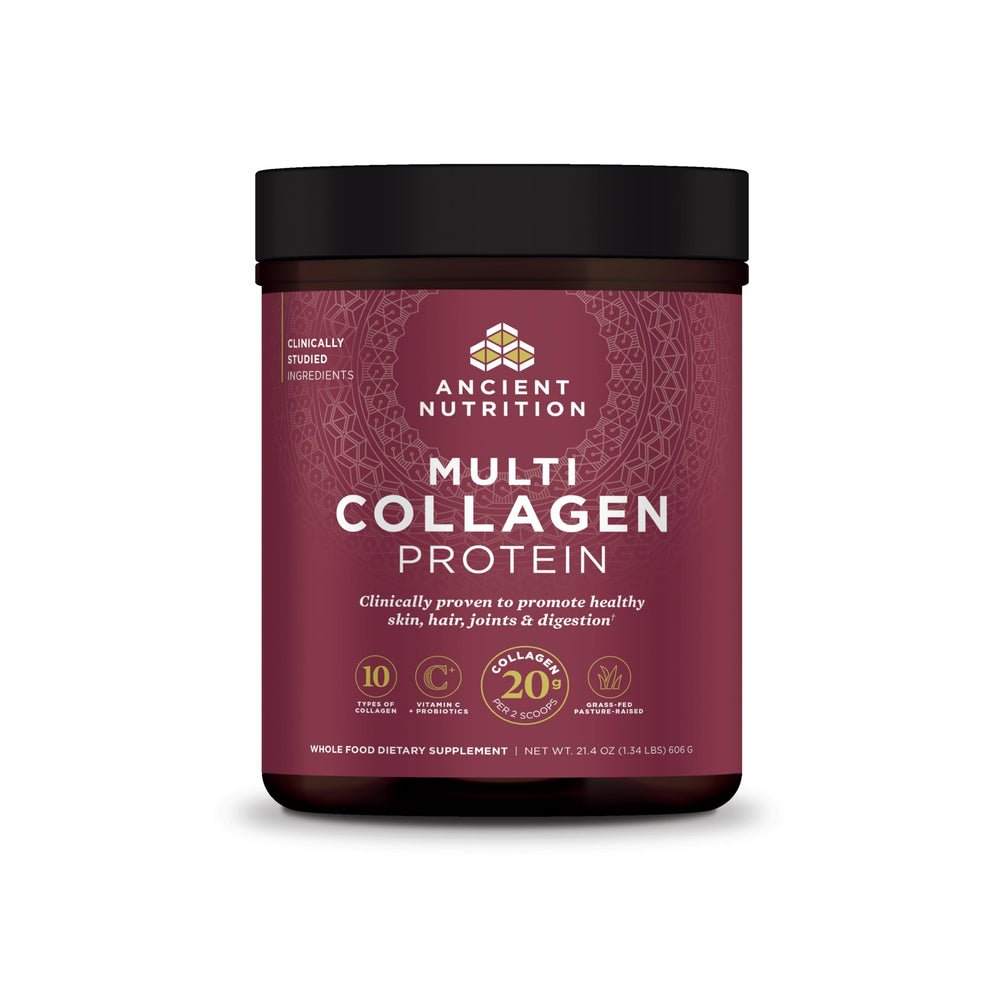 Ancient Nutrition Collagen Peptides powder in a jar for daily skin and joint support.