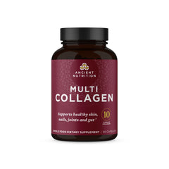 Ancient Nutrition collagen pills bottle shows easy daily capsules for skin and joint support.
