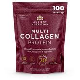 Ancient Nutrition collagen powder bottle shows multi-collagen benefits for skin and joints.