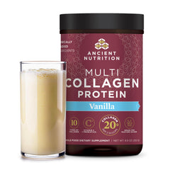 Ancient Nutrition collagen vanilla tub close-up highlighting multi-collagen blend for skin and joint support