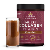 Ancient Nutrition hydrolyzed collagen chocolate tub showing rich flavor and daily skin support