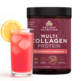 Ancient Nutrition hydrolyzed collagen strawberry lemonade bottle for skin and gut support