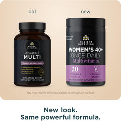 Ancient Nutrition label closeup shows 20 vitamins and minerals for overall wellness.