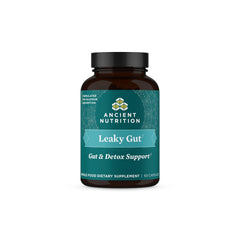 Ancient Nutrition Leaky Gut Capsules bottle highlights gluten-free gut support.