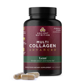 Ancient Nutrition Multi Collagen Advanced Lean bottle front promotes metabolism support.