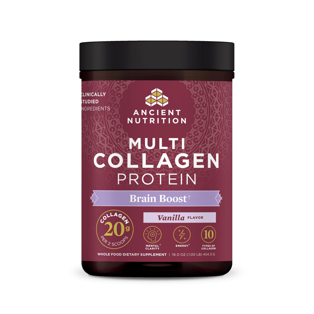 Ancient Nutrition Multi Collagen Brain Boost tub beside glass for skin support