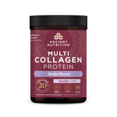 Ancient Nutrition Multi Collagen Brain Boost tub beside glass for skin support